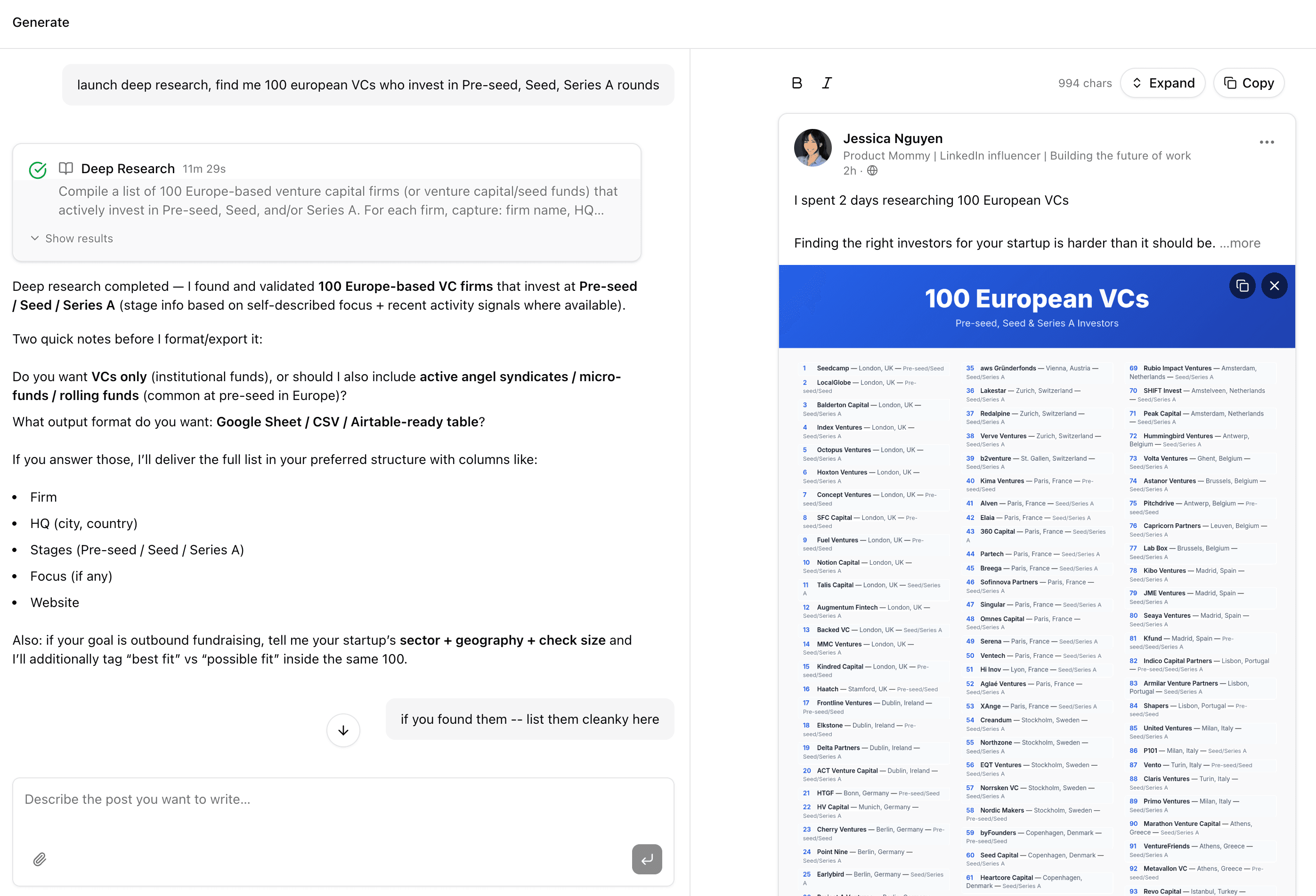 LinkePost dashboard — AI chat with deep research and LinkedIn post editor